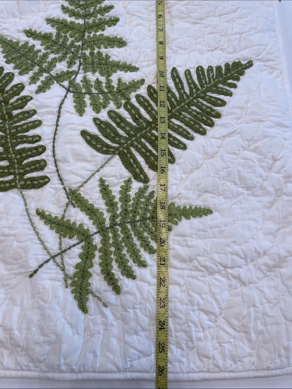 Pottery Barn Quilted Pillow Case 21” x 26” White Green Fern Embroidered Botanic